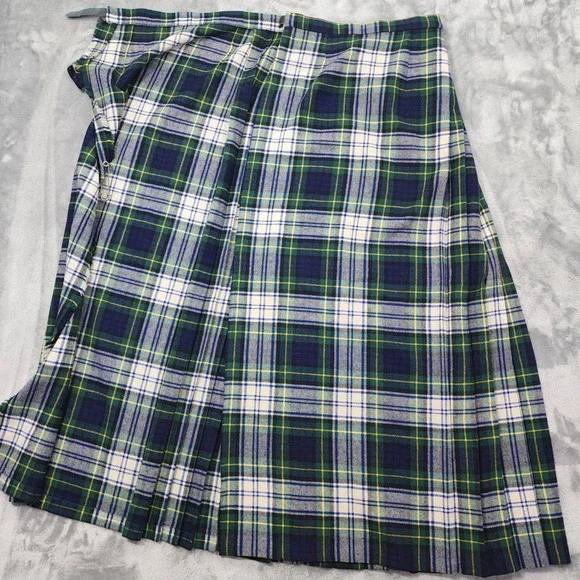 Vintage Skirt Women 14 Green Blue Tartan Plaid Wool Pleated Maxi Buckle Pin Kilt